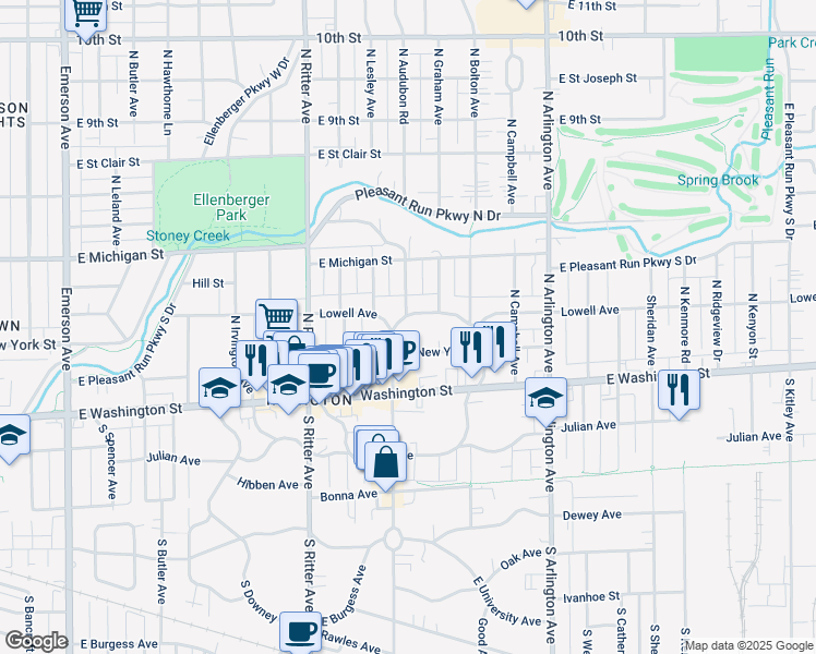 map of restaurants, bars, coffee shops, grocery stores, and more near 75 North Audubon Road in Indianapolis