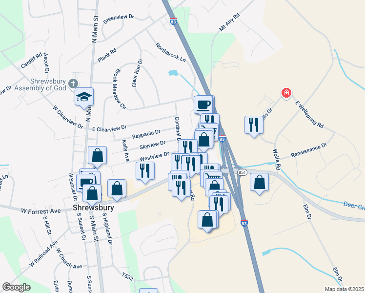 map of restaurants, bars, coffee shops, grocery stores, and more near 200 Cardinal Drive in Shrewsbury