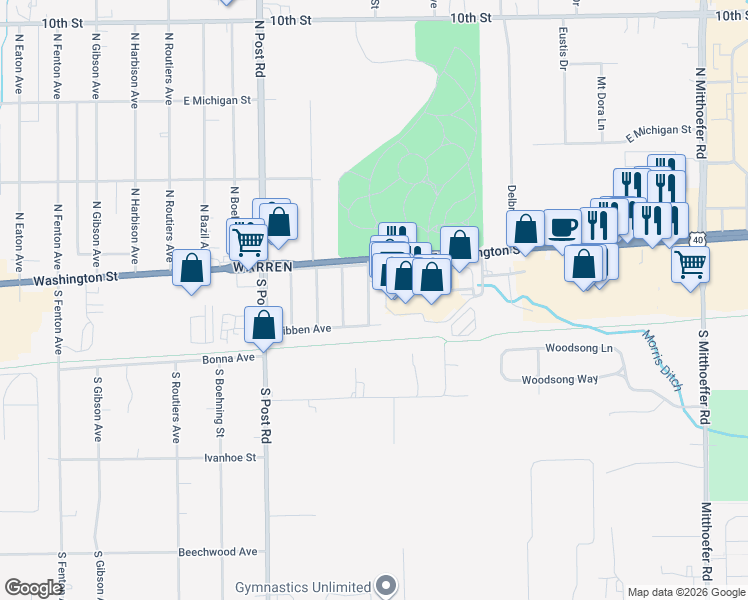 map of restaurants, bars, coffee shops, grocery stores, and more near 135 South Wittfield Street in Indianapolis