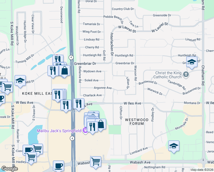 map of restaurants, bars, coffee shops, grocery stores, and more near 2406 Argonne Avenue in Springfield