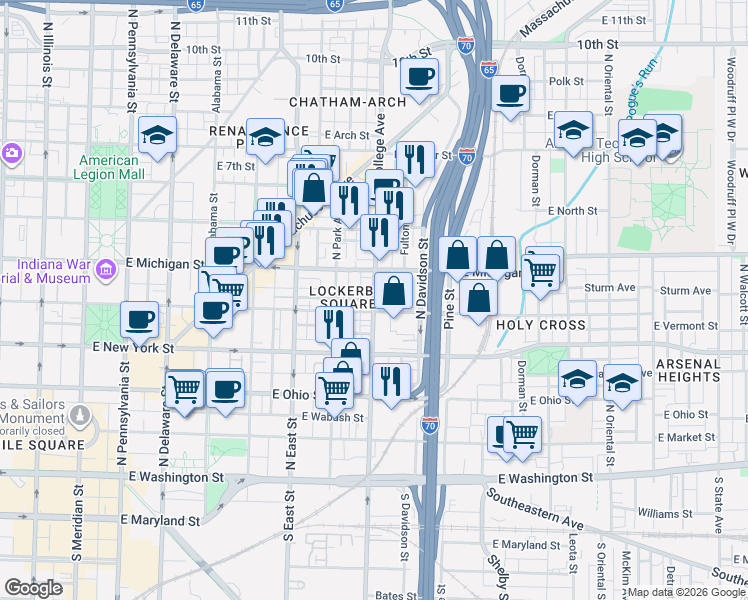 map of restaurants, bars, coffee shops, grocery stores, and more near N College Ave & E Vermont St in Indianapolis