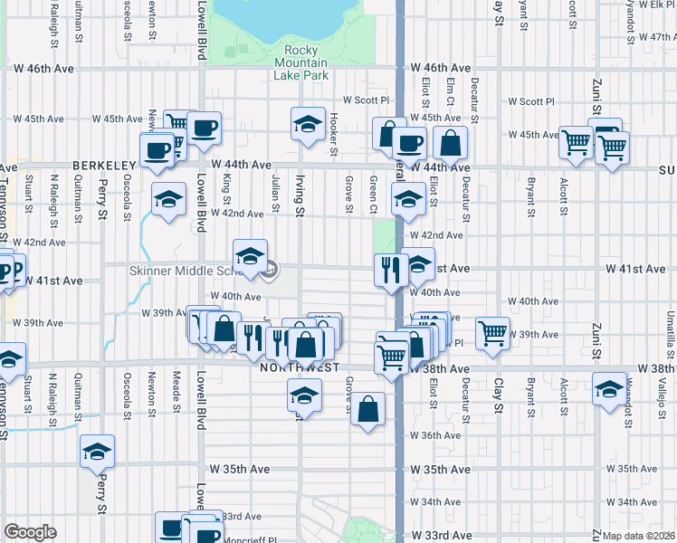 map of restaurants, bars, coffee shops, grocery stores, and more near 3120 West 41st Avenue in Denver