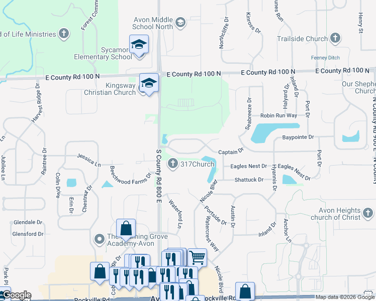 map of restaurants, bars, coffee shops, grocery stores, and more near 8107 Cardinal Street in Avon
