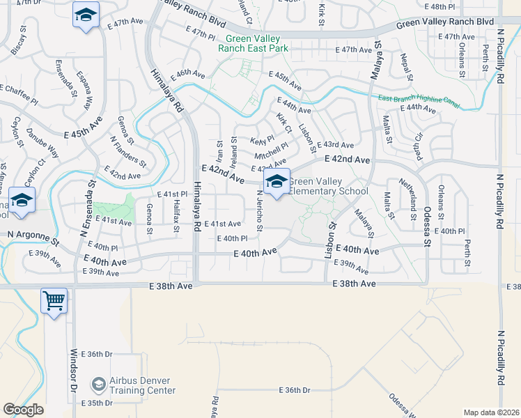 map of restaurants, bars, coffee shops, grocery stores, and more near 4085 Jericho Street in Denver