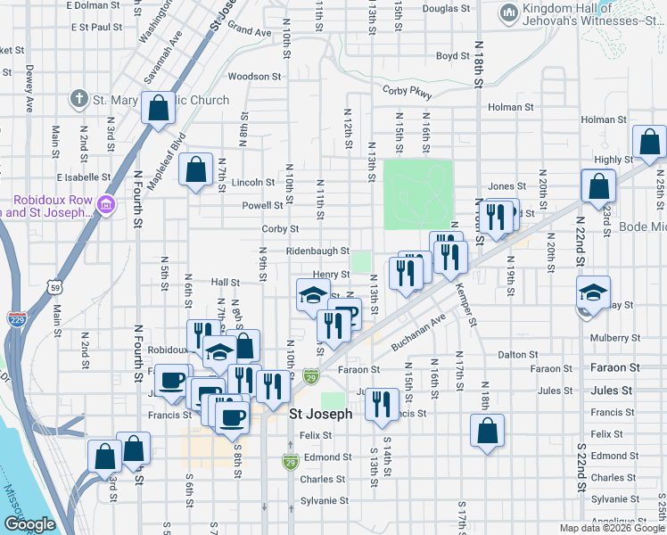 map of restaurants, bars, coffee shops, grocery stores, and more near in Saint Joseph
