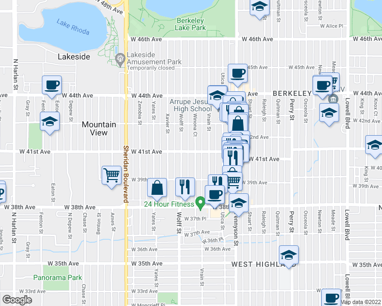 map of restaurants, bars, coffee shops, grocery stores, and more near 3971 Winona Court in Denver