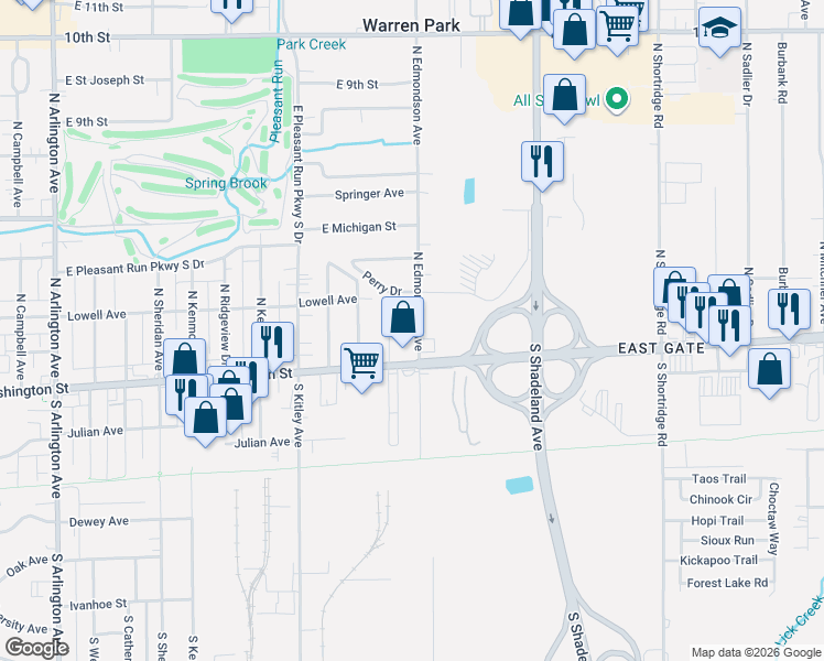 map of restaurants, bars, coffee shops, grocery stores, and more near 6742 East Washington Street in Indianapolis