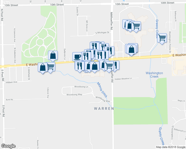 map of restaurants, bars, coffee shops, grocery stores, and more near 9701 East Washington Street in Indianapolis