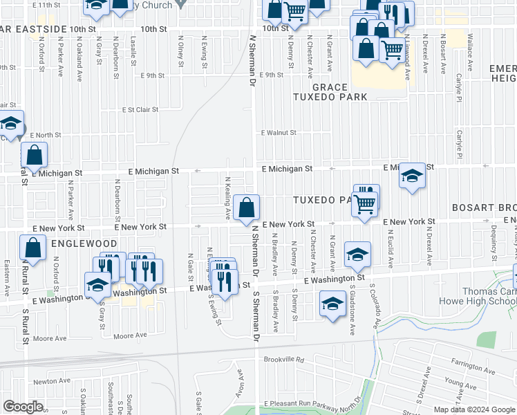 map of restaurants, bars, coffee shops, grocery stores, and more near 329 North Sherman Drive in Indianapolis