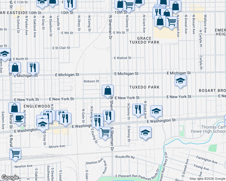 map of restaurants, bars, coffee shops, grocery stores, and more near 316 North Bradley Avenue in Indianapolis