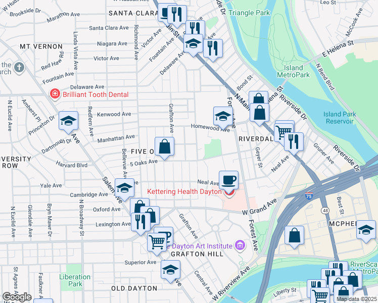 map of restaurants, bars, coffee shops, grocery stores, and more near 218 Rockwood Avenue in Dayton