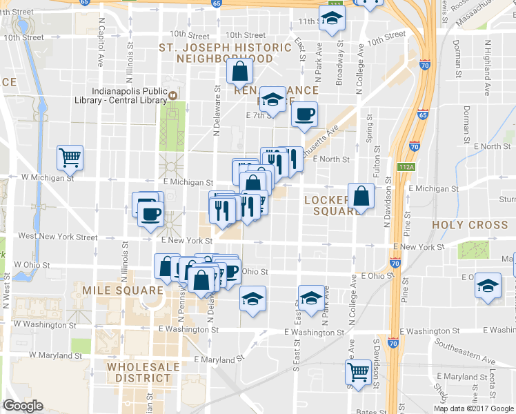map of restaurants, bars, coffee shops, grocery stores, and more near 320 East Vermont Street in Indianapolis