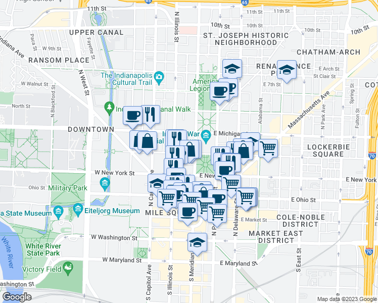 map of restaurants, bars, coffee shops, grocery stores, and more near 400 North Meridian Street in Indianapolis