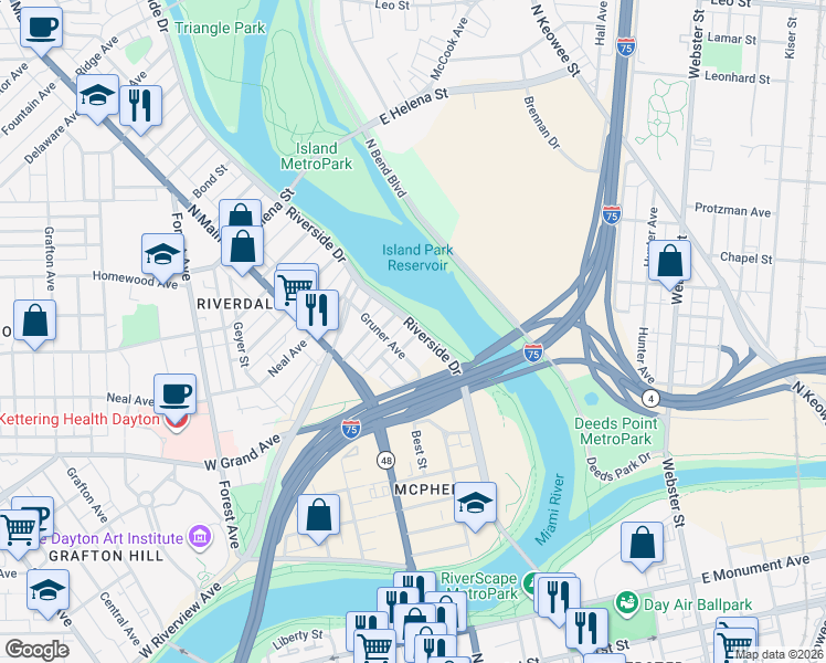 map of restaurants, bars, coffee shops, grocery stores, and more near 120 Lawn Street in Dayton