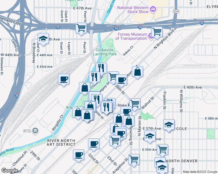 map of restaurants, bars, coffee shops, grocery stores, and more near 3736 Brighton Boulevard in Denver