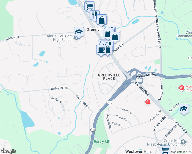 map of restaurants, bars, coffee shops, grocery stores, and more near 220 Presidential Drive in Wilmington