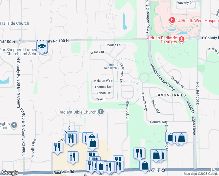 map of restaurants, bars, coffee shops, grocery stores, and more near 9775 Thomas Lane in Avon