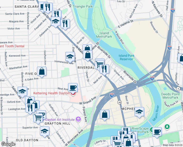 map of restaurants, bars, coffee shops, grocery stores, and more near 52 Warder Street in Dayton