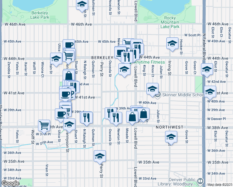 map of restaurants, bars, coffee shops, grocery stores, and more near 4015 Newton Street in Denver