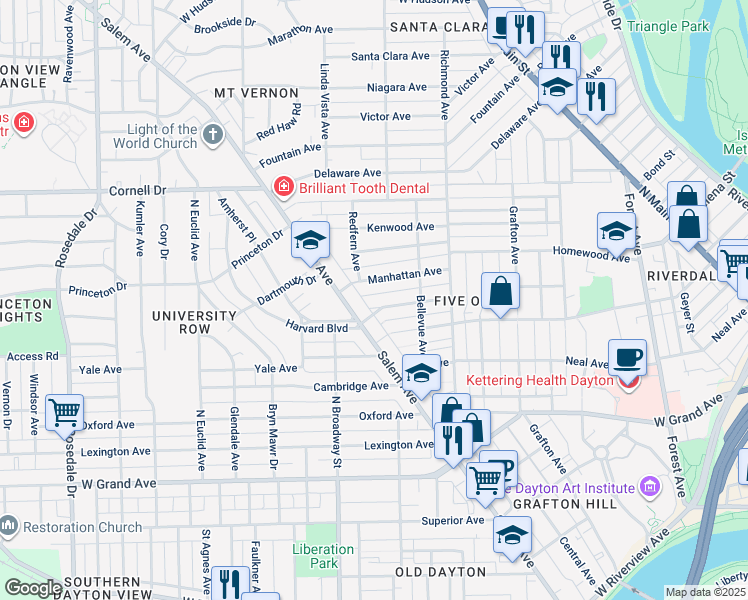 map of restaurants, bars, coffee shops, grocery stores, and more near 938 Harvard Boulevard in Dayton
