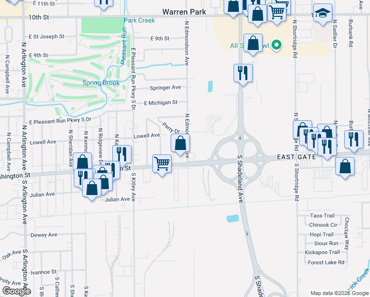 map of restaurants, bars, coffee shops, grocery stores, and more near 6742 East Washington Street in Indianapolis