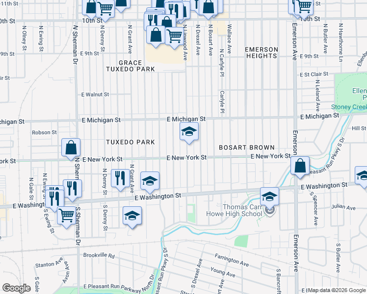 map of restaurants, bars, coffee shops, grocery stores, and more near 314 North Linwood Avenue in Indianapolis