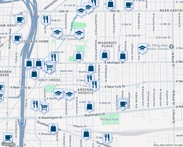 map of restaurants, bars, coffee shops, grocery stores, and more near 1617 Sturm Avenue in Indianapolis