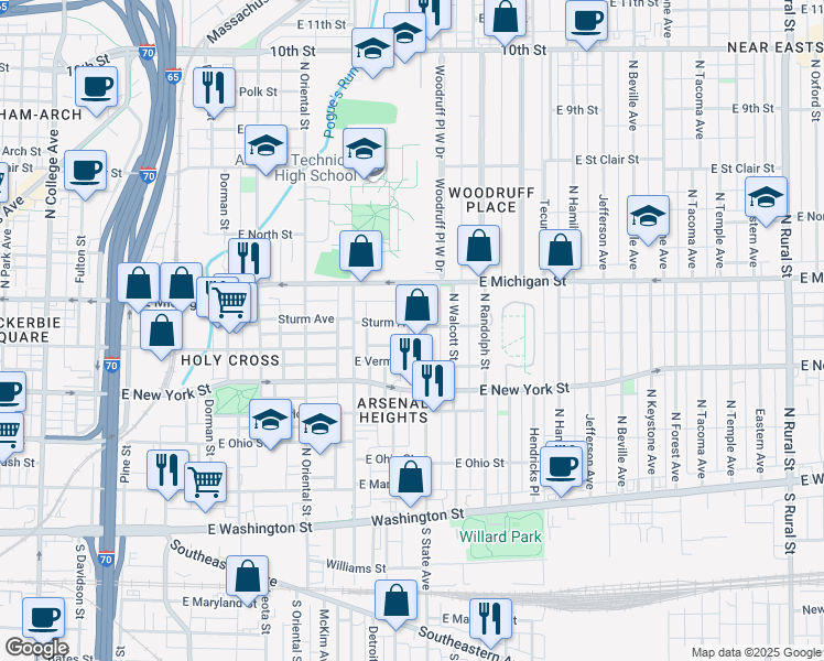 map of restaurants, bars, coffee shops, grocery stores, and more near 1617 Sturm Avenue in Indianapolis
