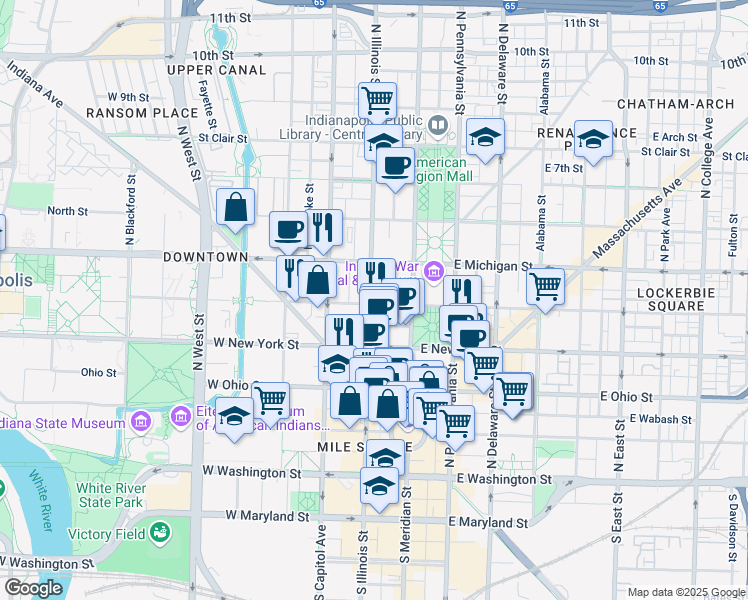 map of restaurants, bars, coffee shops, grocery stores, and more near 363 North Illinois Street in Indianapolis