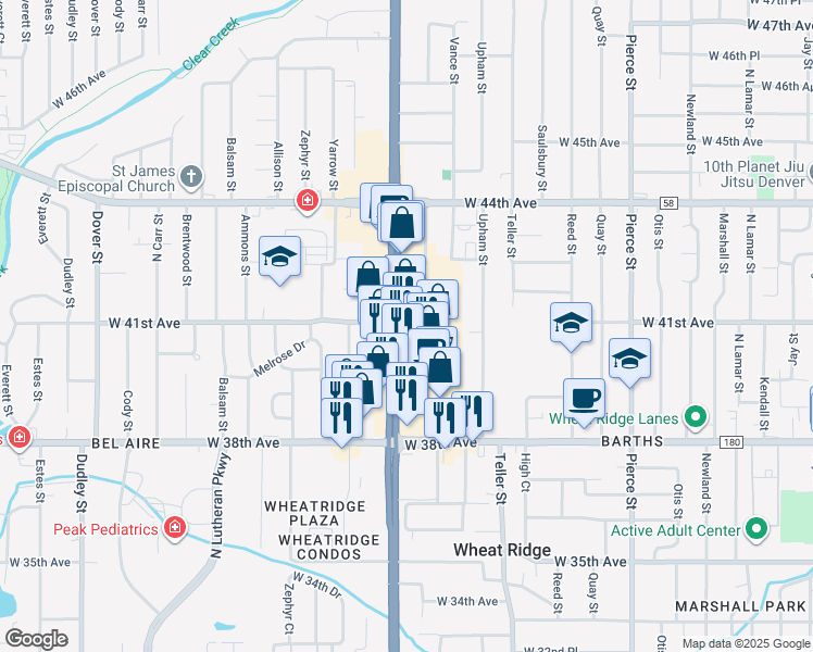 map of restaurants, bars, coffee shops, grocery stores, and more near 4020 Wadsworth Boulevard in Wheat Ridge
