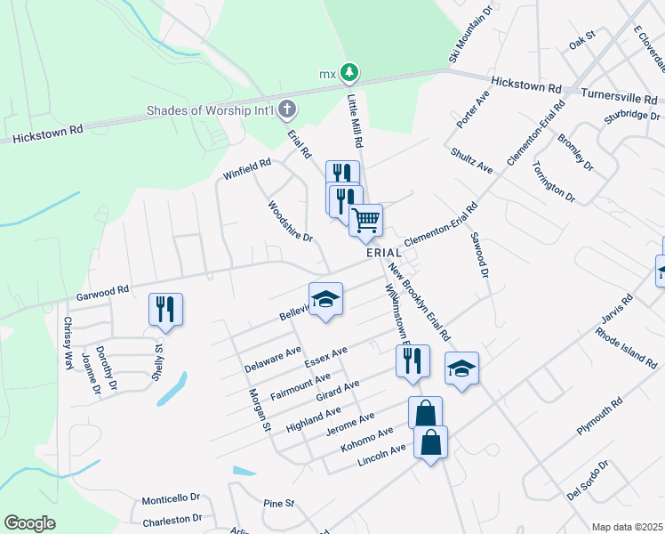 map of restaurants, bars, coffee shops, grocery stores, and more near 2164 Garwood Road in Sicklerville