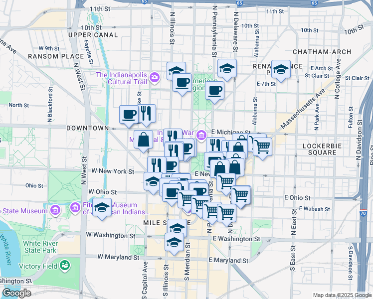 map of restaurants, bars, coffee shops, grocery stores, and more near 402 North Meridian Street in Indianapolis