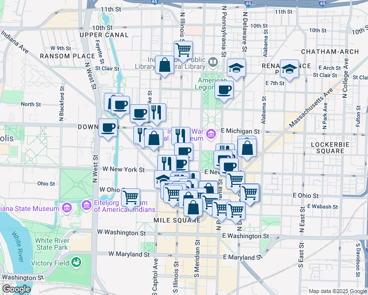 map of restaurants, bars, coffee shops, grocery stores, and more near 401 North Illinois Street in Indianapolis