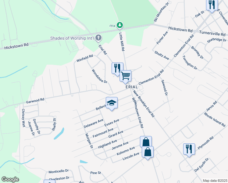 map of restaurants, bars, coffee shops, grocery stores, and more near 2164 Garwood Road in Sicklerville