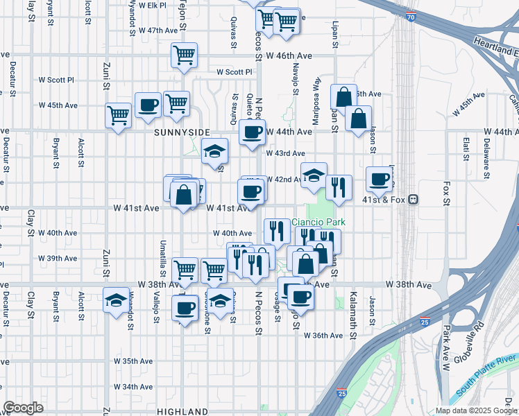 map of restaurants, bars, coffee shops, grocery stores, and more near Pecos Street & West 41st Avenue in Denver