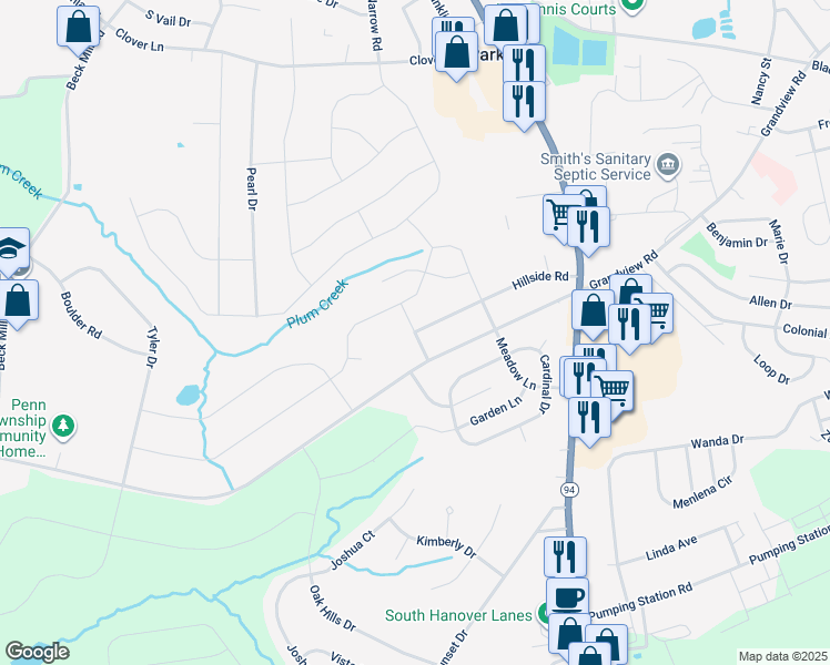 map of restaurants, bars, coffee shops, grocery stores, and more near Lark Avenue in Parkville