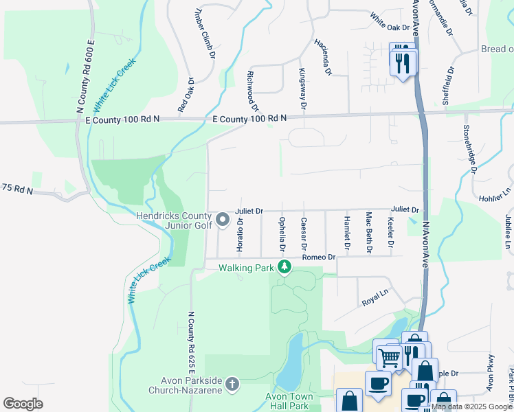 map of restaurants, bars, coffee shops, grocery stores, and more near 6393 Juliet Drive in Avon