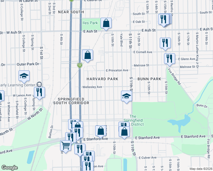 map of restaurants, bars, coffee shops, grocery stores, and more near 2404 South 9th Street in Springfield