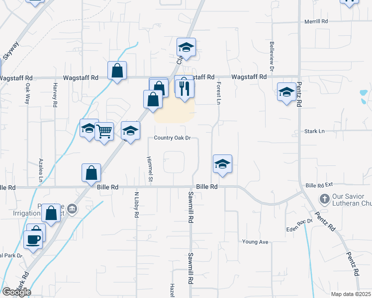 map of restaurants, bars, coffee shops, grocery stores, and more near 6286 Lancaster Drive in Paradise