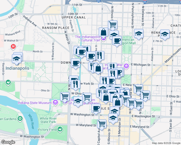 map of restaurants, bars, coffee shops, grocery stores, and more near 401 North Senate Avenue in Indianapolis