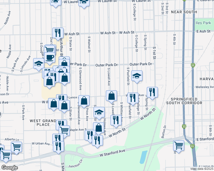 map of restaurants, bars, coffee shops, grocery stores, and more near 2445 South Lowell Avenue in Springfield