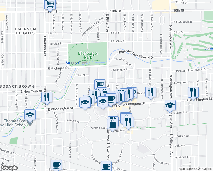 map of restaurants, bars, coffee shops, grocery stores, and more near 80 North Ritter Avenue in Indianapolis
