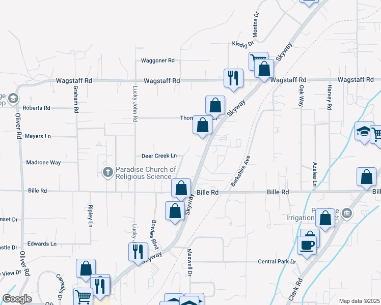 map of restaurants, bars, coffee shops, grocery stores, and more near 6262 Posey Lane in Paradise