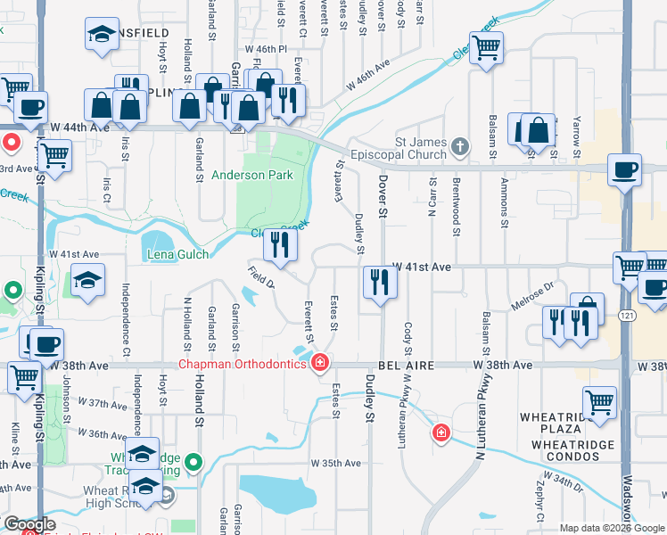 map of restaurants, bars, coffee shops, grocery stores, and more near in Wheat Ridge