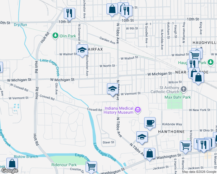 map of restaurants, bars, coffee shops, grocery stores, and more near 417 North Alton Avenue in Indianapolis