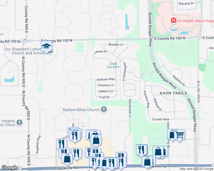 map of restaurants, bars, coffee shops, grocery stores, and more near 9735 Thomas Lane in Avon