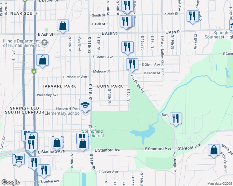 map of restaurants, bars, coffee shops, grocery stores, and more near 2425 South 14th Street in Springfield
