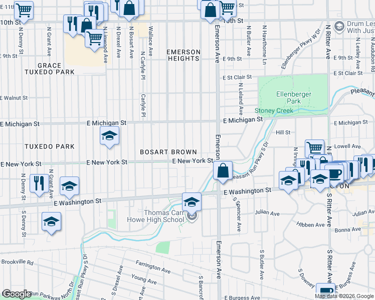 map of restaurants, bars, coffee shops, grocery stores, and more near 5024 East New York Street in Indianapolis
