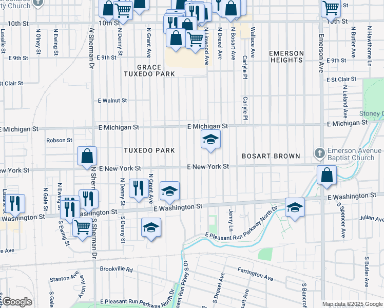 map of restaurants, bars, coffee shops, grocery stores, and more near 312 North Euclid Avenue in Indianapolis