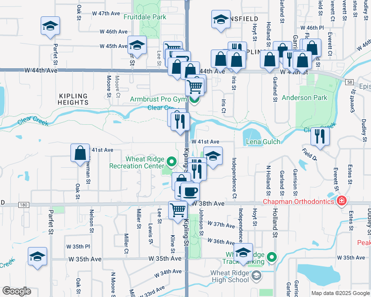 map of restaurants, bars, coffee shops, grocery stores, and more near 4034 Kipling Street in Wheat Ridge